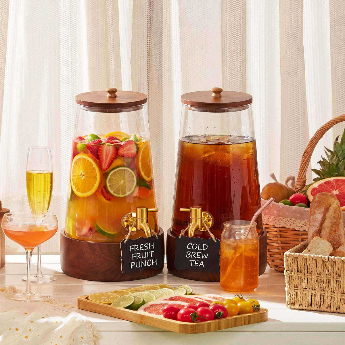 2 Sets 2 Gallon Glass Drink Dispenser with Wooden Base Stand E724