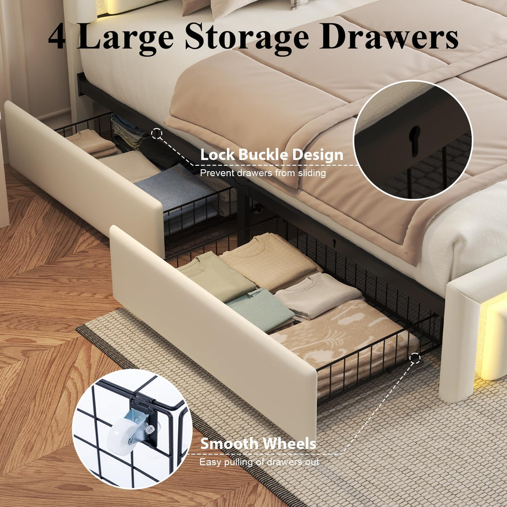 White Upholstered Full Bed Frame with Storage Drawers C16139
