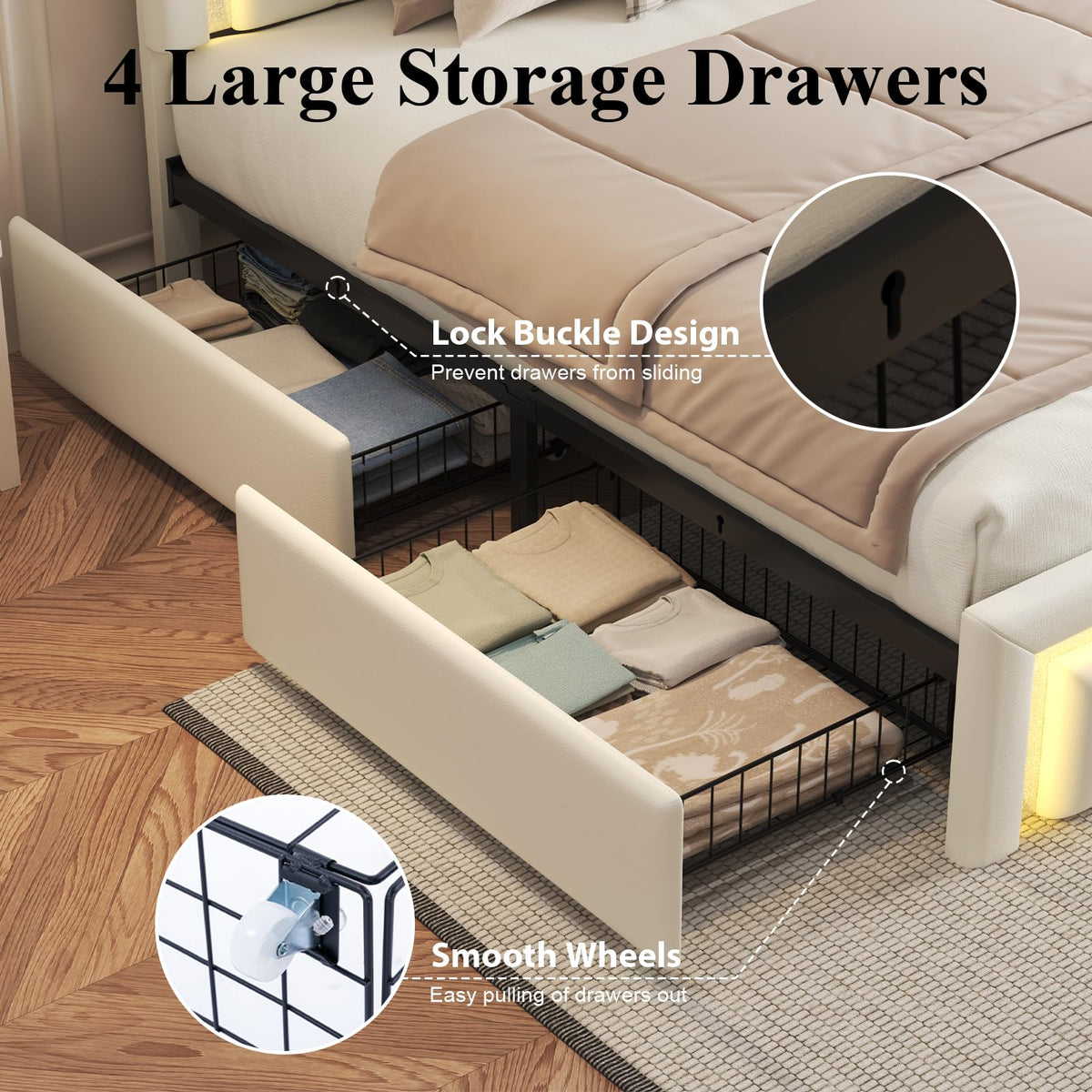 White Upholstered Full Bed Frame with Storage Drawers C16139
