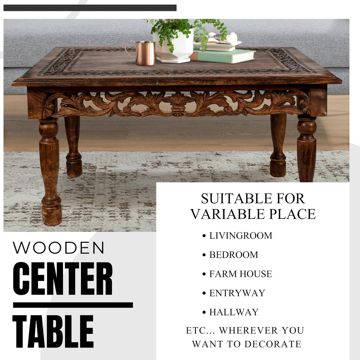 Farmhouse Coffee Table 36x24x18 Jali Carved Wood T679721