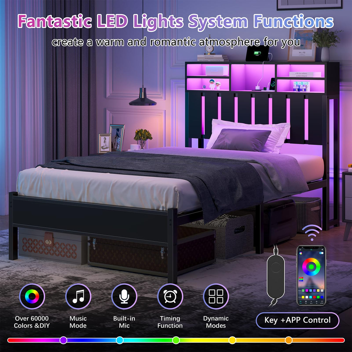 Twin Size Bed Frame with Storage Headboard and LED Lights H505