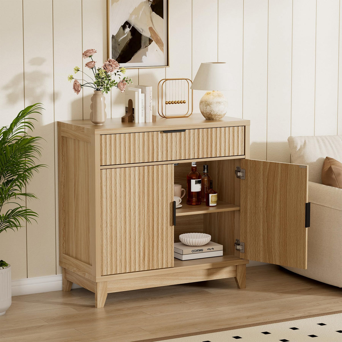 32" Fluted Oak Sideboard Buffet Cabinet with Storage F1340