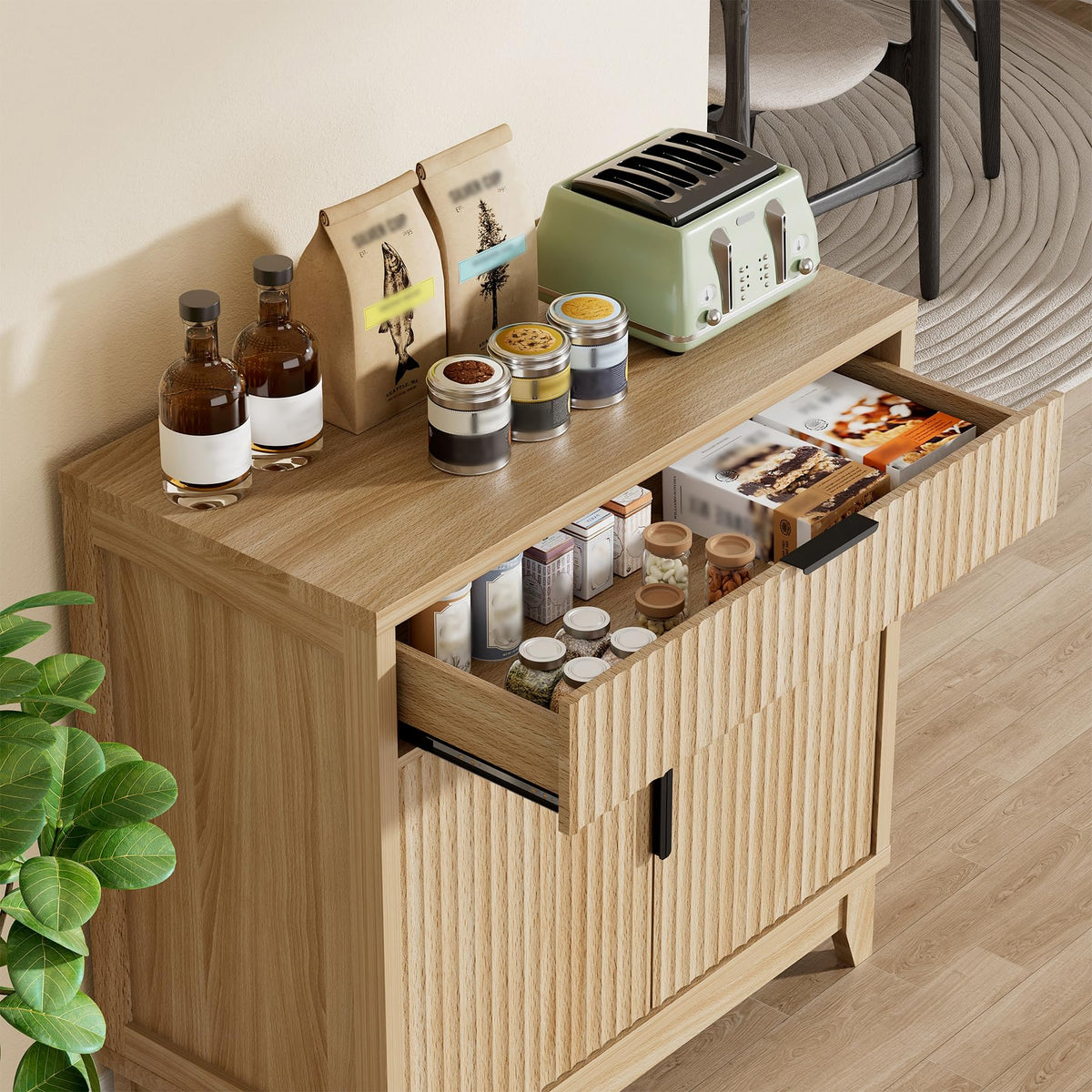 32" Fluted Oak Sideboard Buffet Cabinet with Storage F1340