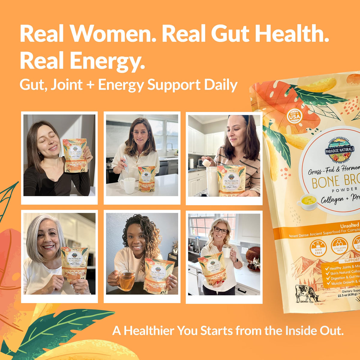 100% Grass-Fed Beef Bone Broth Powder with Probiotics Collagen 15g Protein R29623