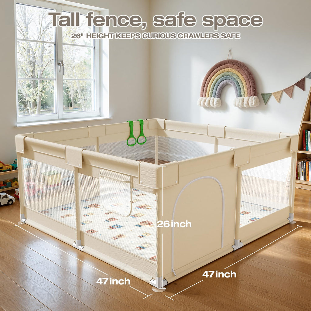 Baby Playpen with Mat, 47x47in Beige W971275