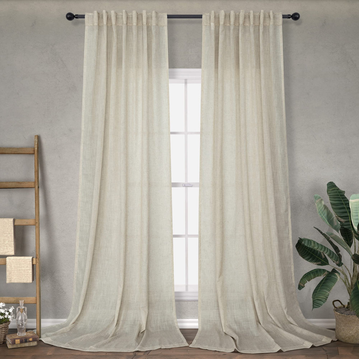 Flax Linen Beige Semi Sheer Curtains 108 Inch 2 Panels T42941