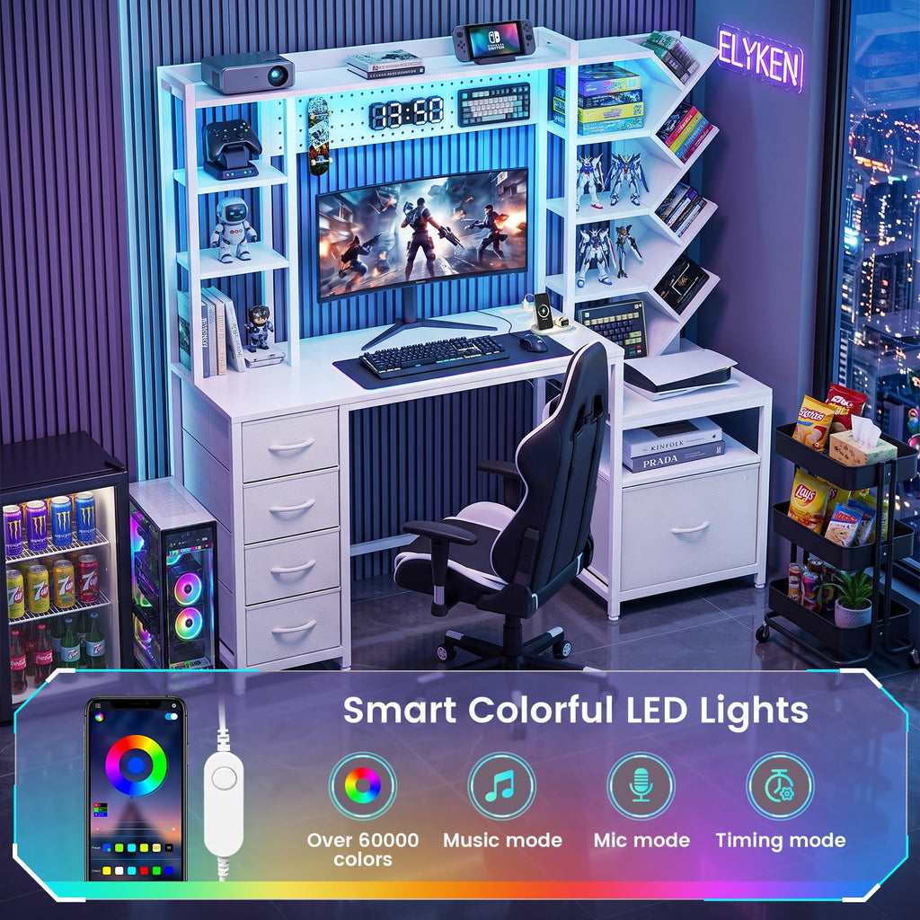 61.4" Computer Desk with Bookshelf, 5 Drawers, Hutch, Outlet, LED Z633