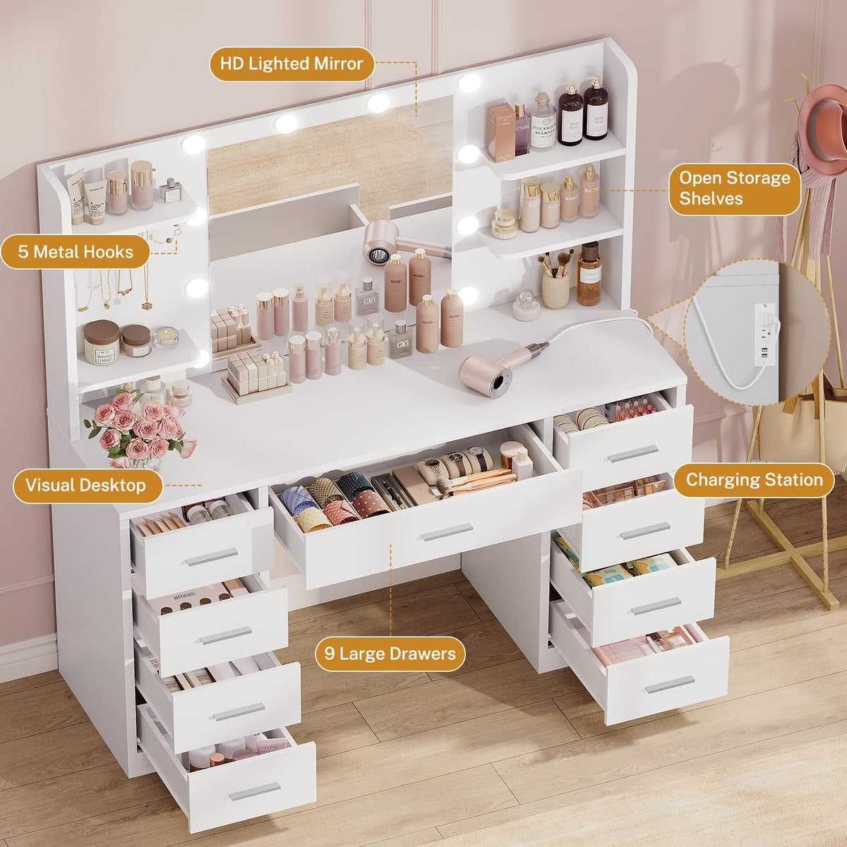 White Vanity Desk with Mirror and Lights, 9 Drawers, Outlet E1094