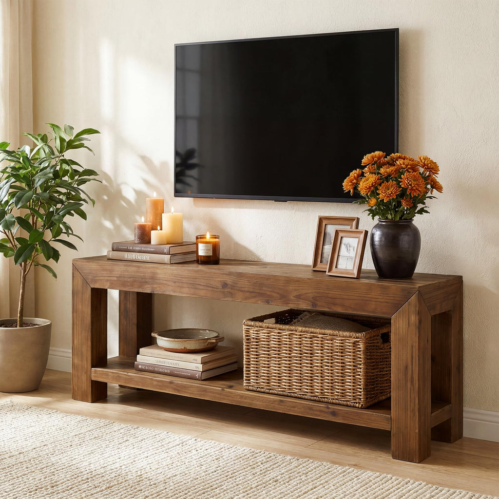 Solid Wood 63" TV Stand with Open Storage Shelves K567992