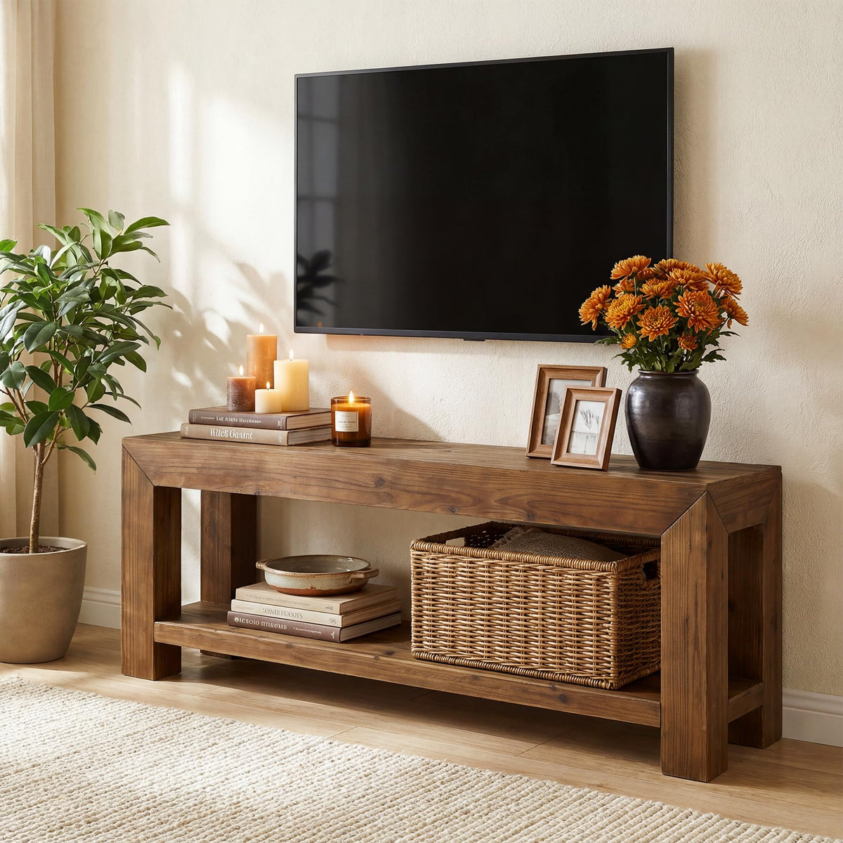 Solid Wood 63" TV Stand with Open Storage Shelves K567992