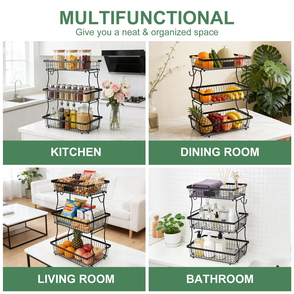 3 Tier Black Mesh Fruit Basket with 2 Banana Hangers G1700
