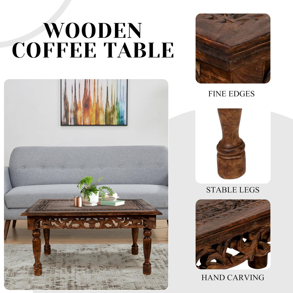 Farmhouse Coffee Table 36x24x18 Jali Carved Wood T679721