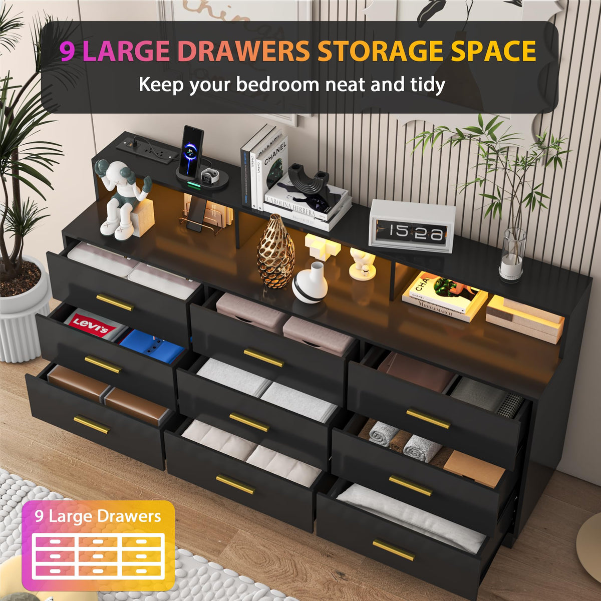 Black 9 Drawer Wood Dresser V290768