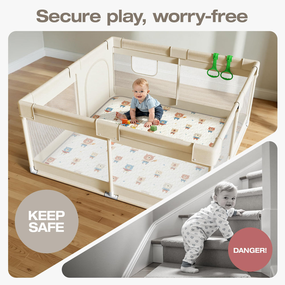Baby Playpen with Mat, 47x47in Beige W971275