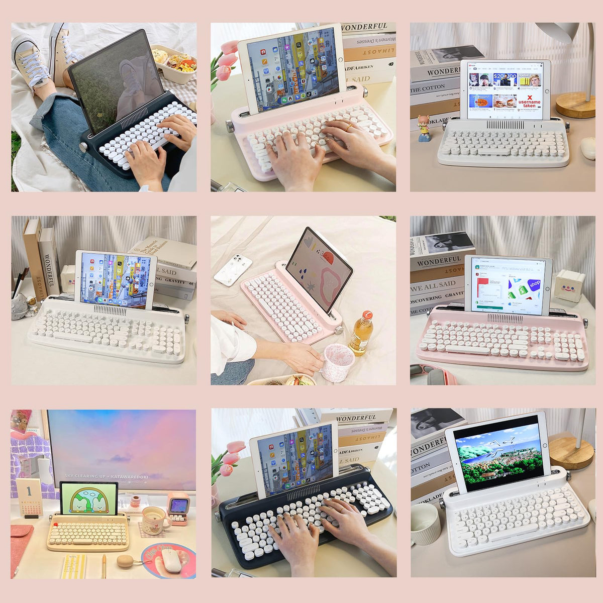 Wireless Retro Typewriter Bluetooth Keyboard Baby Pink Y53080