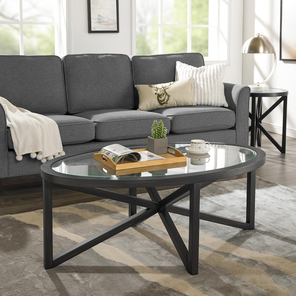 46" Oval Glass Coffee Table with Tempered Glass Top and Wood Base E908