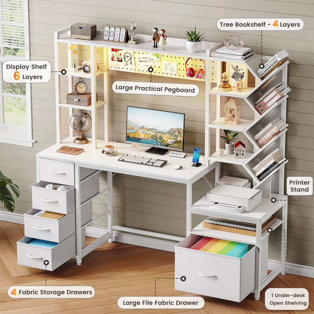 61.4" Computer Desk with Bookshelf, 5 Drawers, Hutch, Outlet, LED Z633