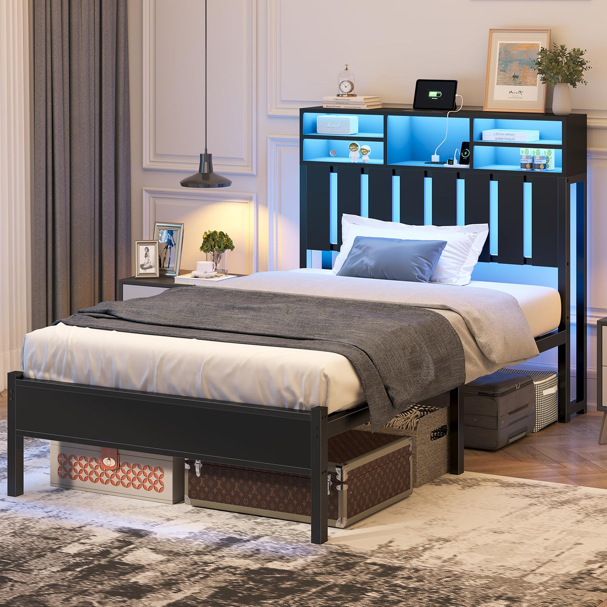 Twin Size Bed Frame with Storage Headboard and LED Lights H505
