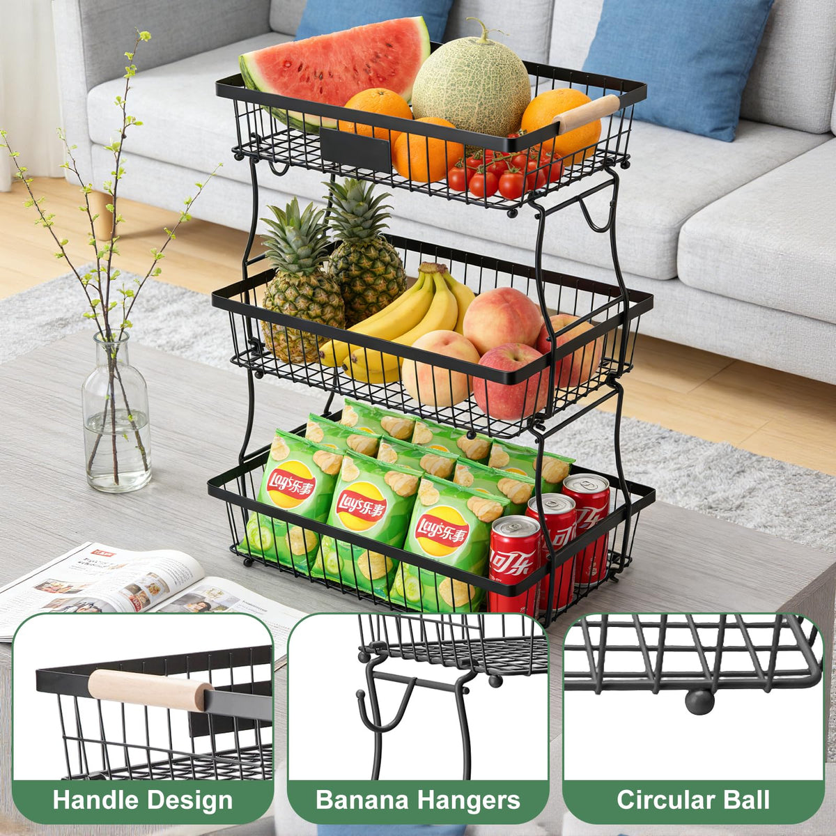 3 Tier Black Mesh Fruit Basket with 2 Banana Hangers G1700