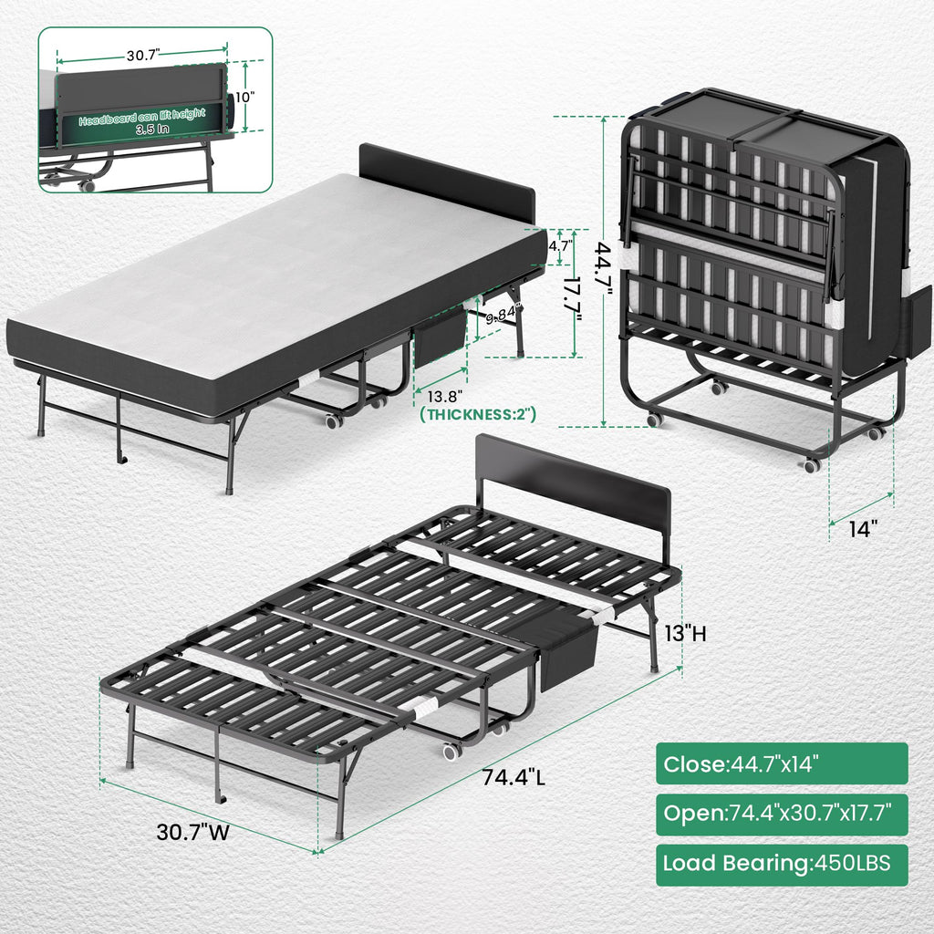 Folding Bed with Mattress, 5-Inch Memory Foam, 500lbs Capacity, Metal Frame Q44738