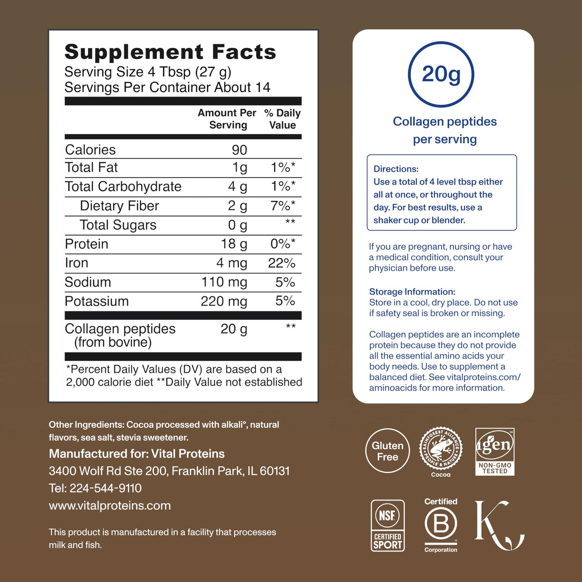 Collagen Peptides Powder, Chocolate, 13.5oz X8863