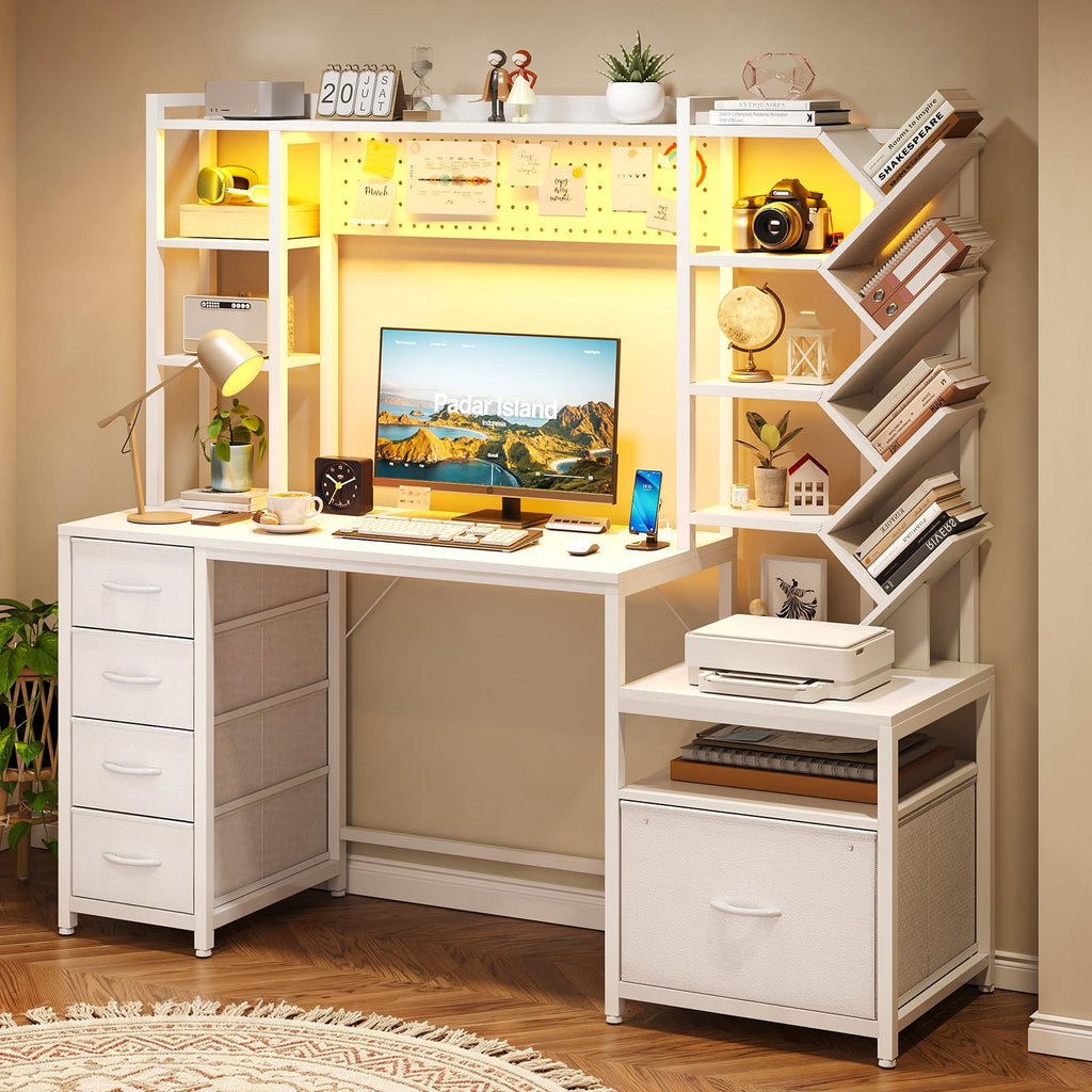 61.4" Computer Desk with Bookshelf, 5 Drawers, Hutch, Outlet, LED Z633
