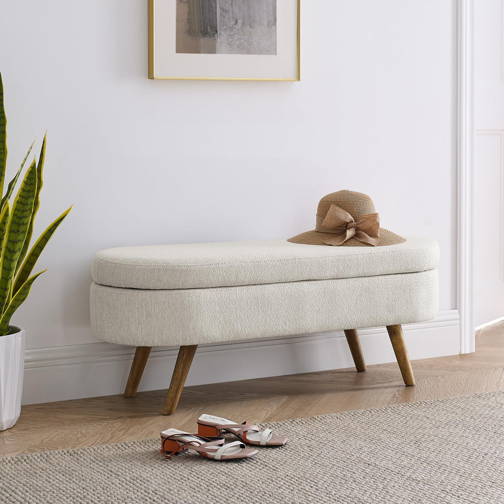 Beige Oval Storage Ottoman Bench with Rubber Wood Legs K166
