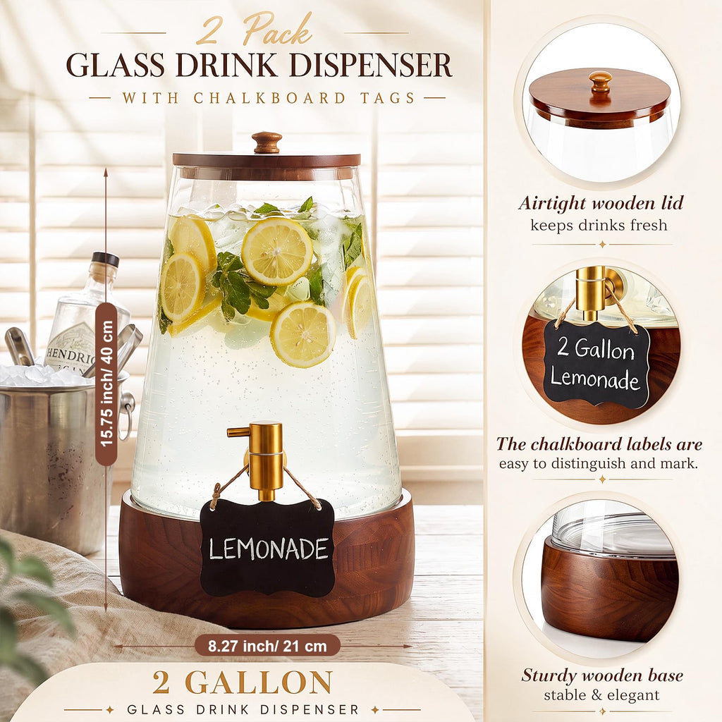 2 Sets 2 Gallon Glass Drink Dispenser with Wooden Base Stand E724