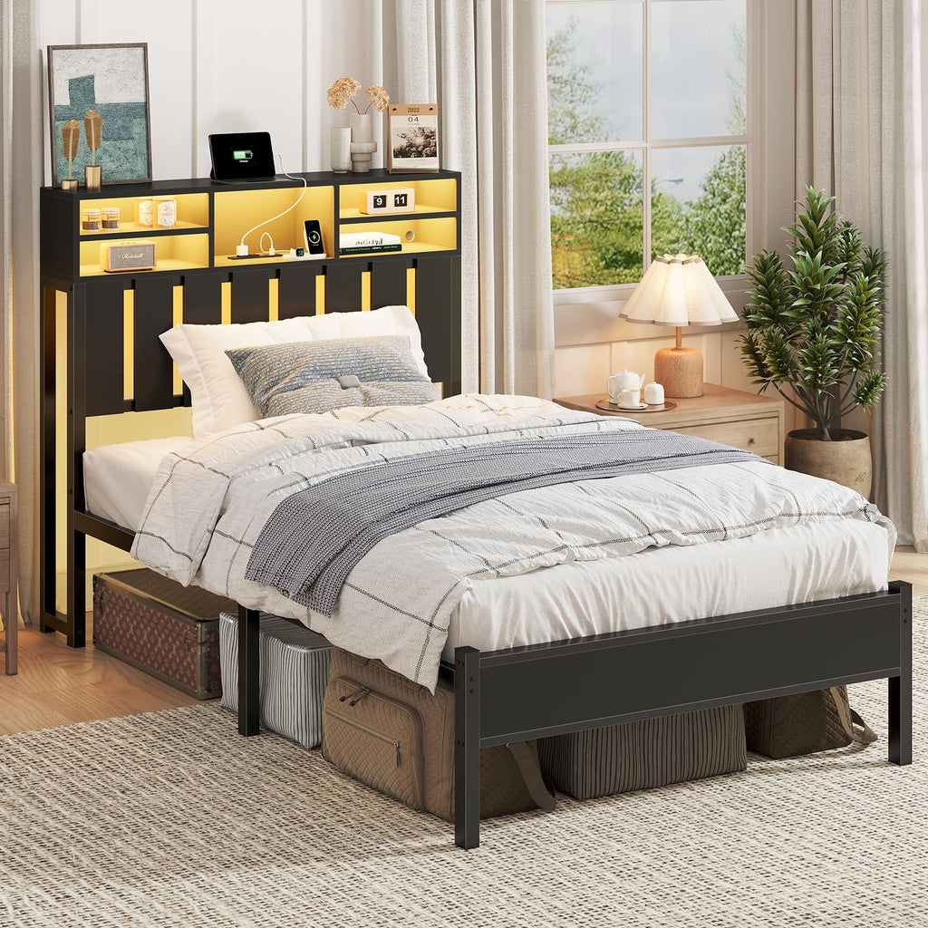 Twin Size Bed Frame with Storage Headboard and LED Lights H505