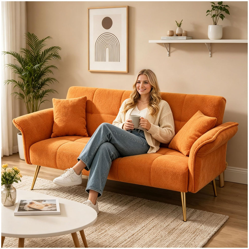 Orange Velvet 2 Seater Futon Sofa Bed P32485