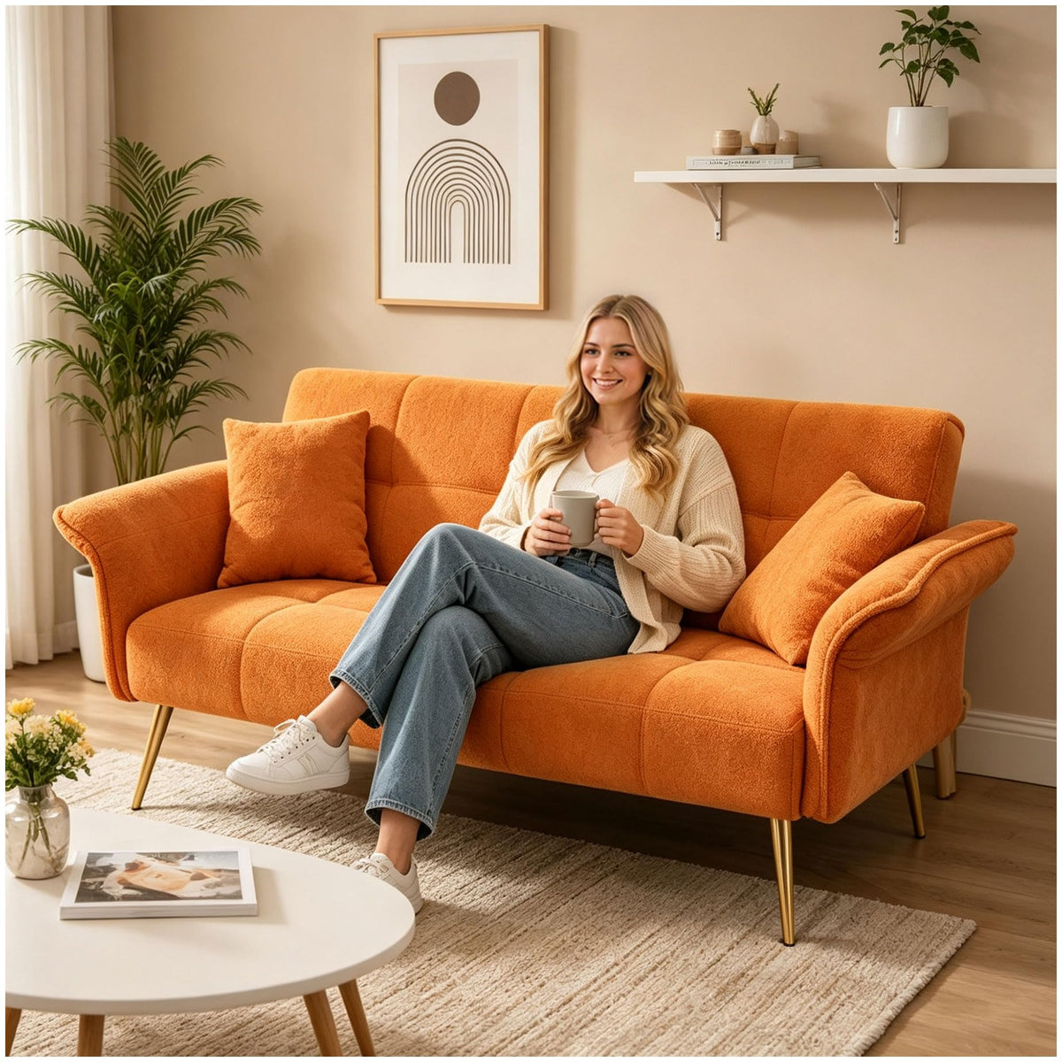 Orange Velvet 2 Seater Futon Sofa Bed P32485
