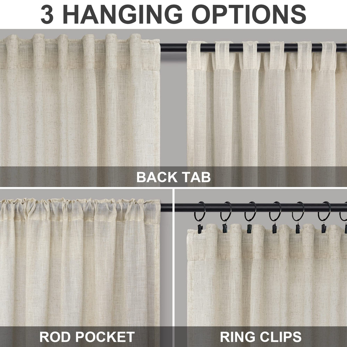 Flax Linen Beige Semi Sheer Curtains 108 Inch 2 Panels T42941