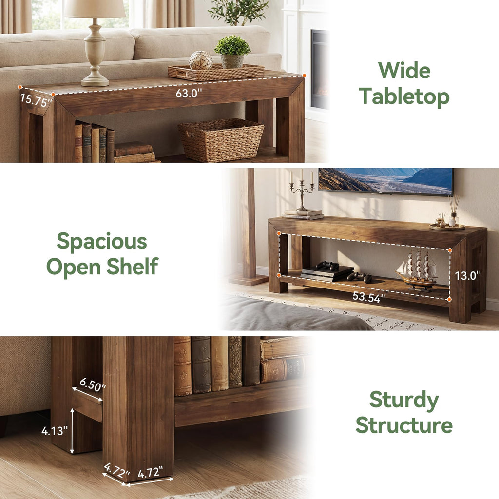 Solid Wood 63" TV Stand with Open Storage Shelves K567992