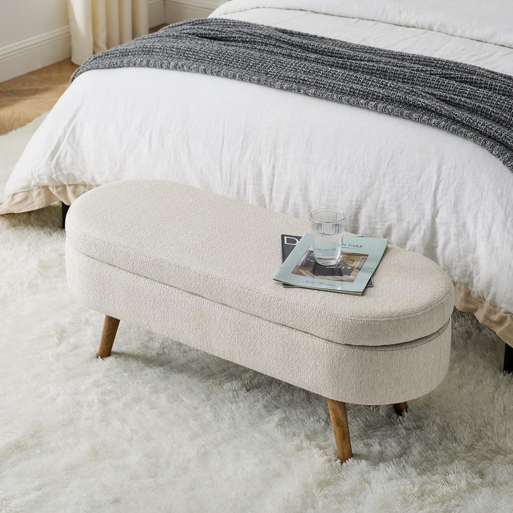 Beige Oval Storage Ottoman Bench with Rubber Wood Legs K166