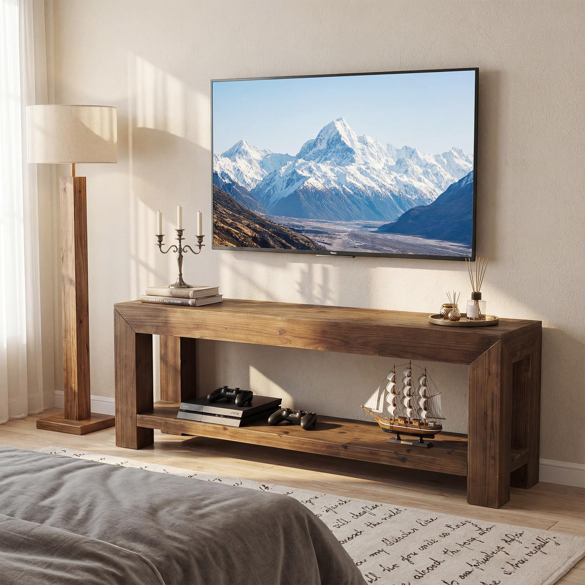 Solid Wood 63" TV Stand with Open Storage Shelves K567992