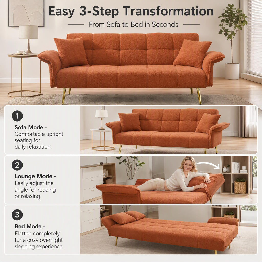 Orange Velvet 2 Seater Futon Sofa Bed P32485