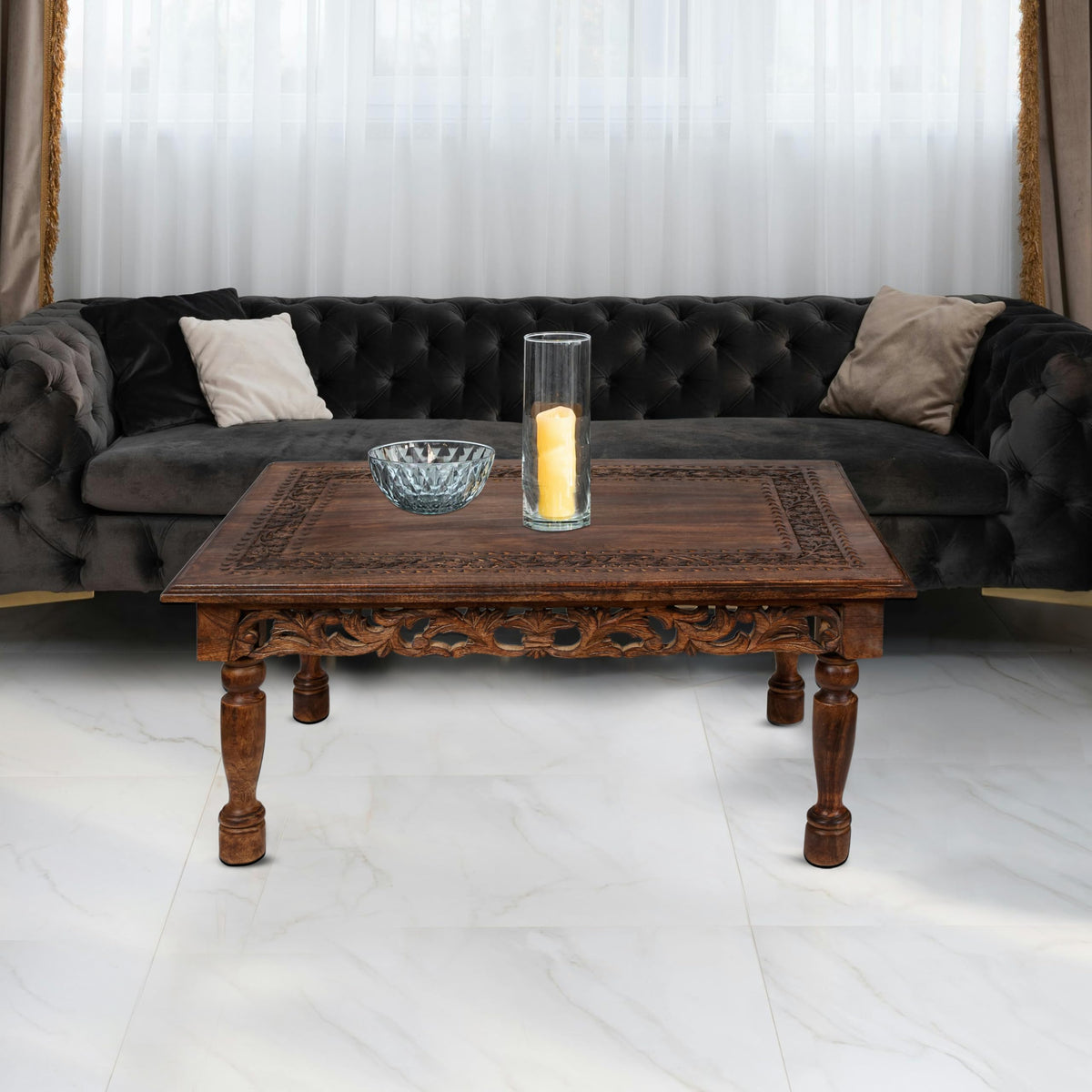 Farmhouse Coffee Table 36x24x18 Jali Carved Wood T679721