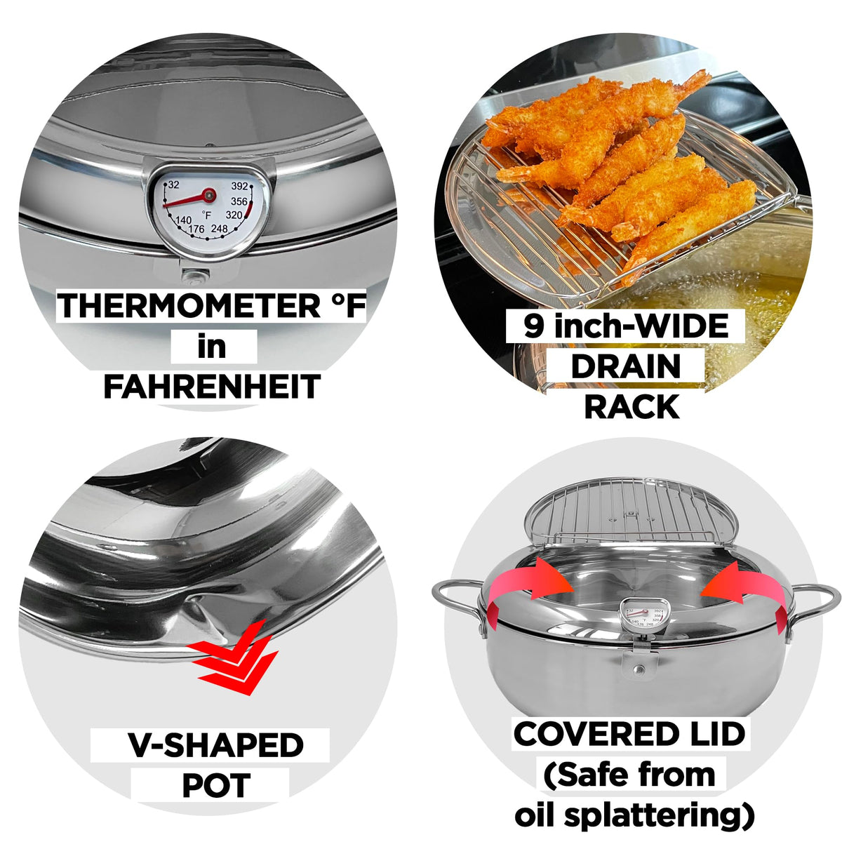 Deep Fryer Pot with Lid, 304 Stainless Steel D986