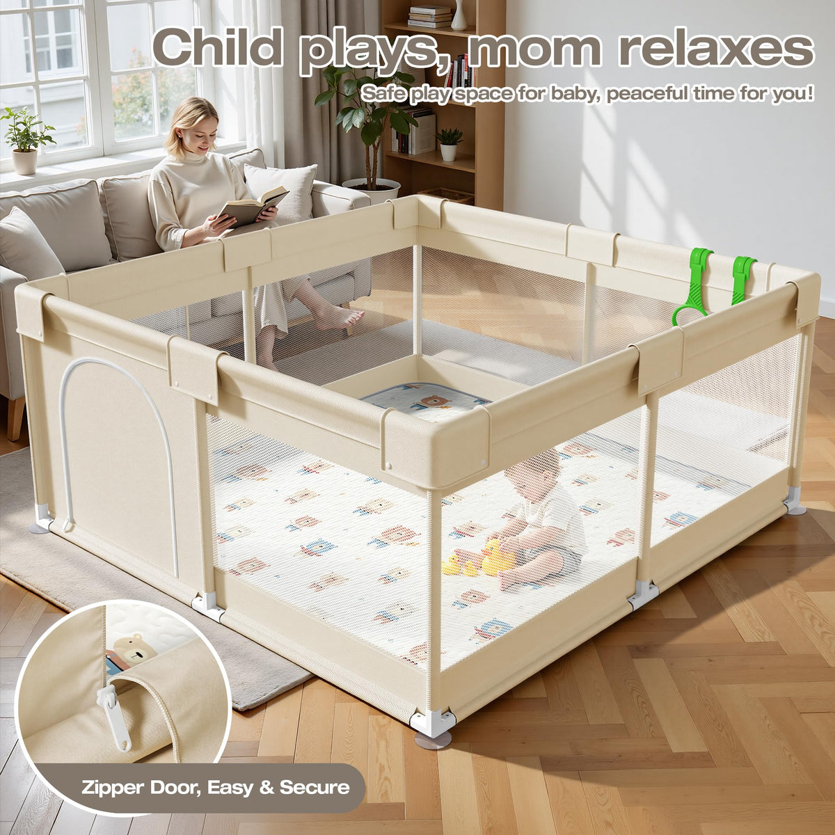 Baby Playpen with Mat, 47x47in Beige W971275