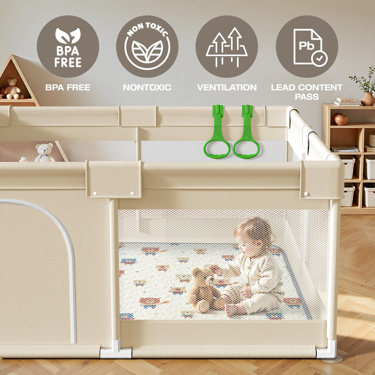 Baby Playpen with Mat, 47x47in Beige W971275