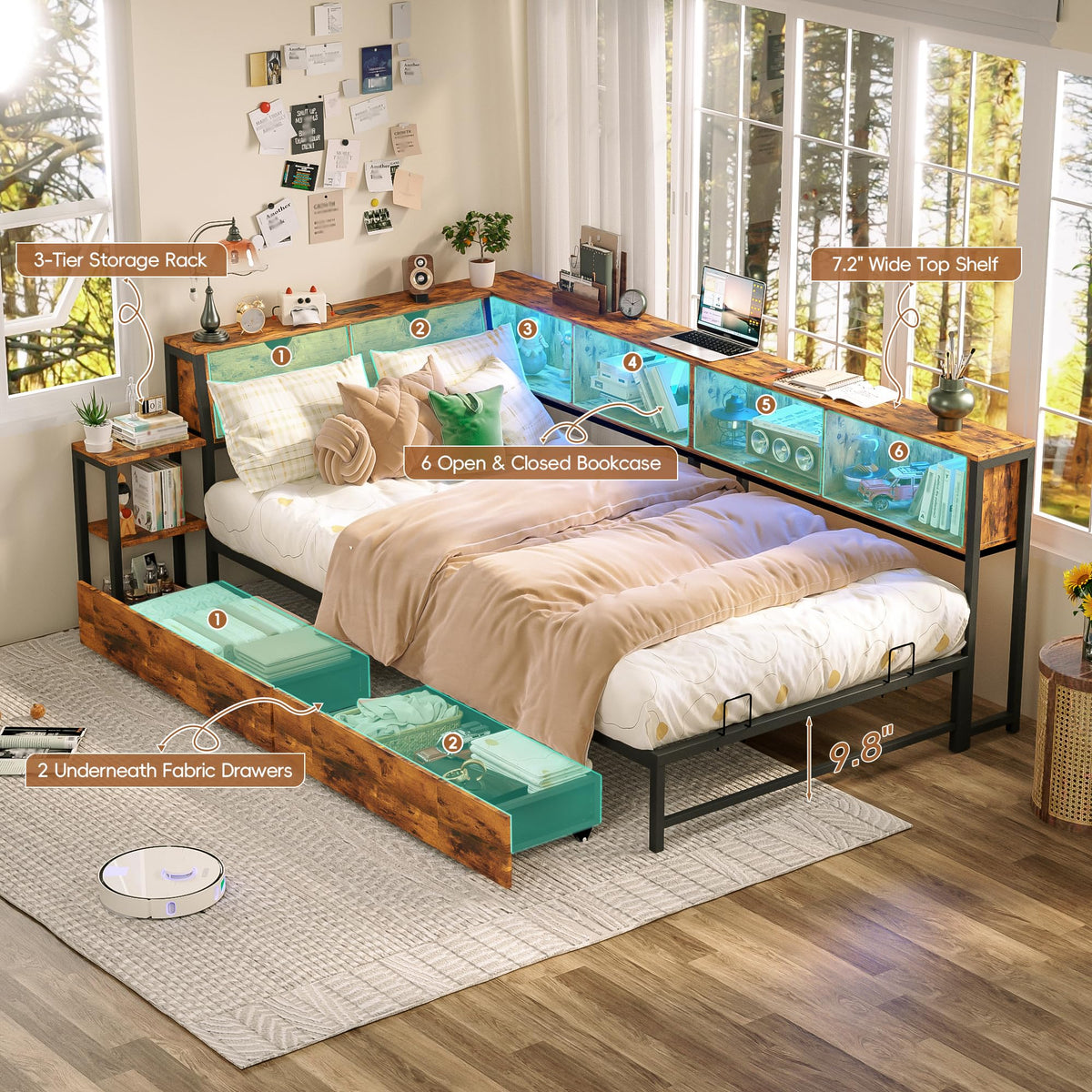 Brown Twin Corner Bed Frame with Storage Bookcase and Bedside Rack U4962