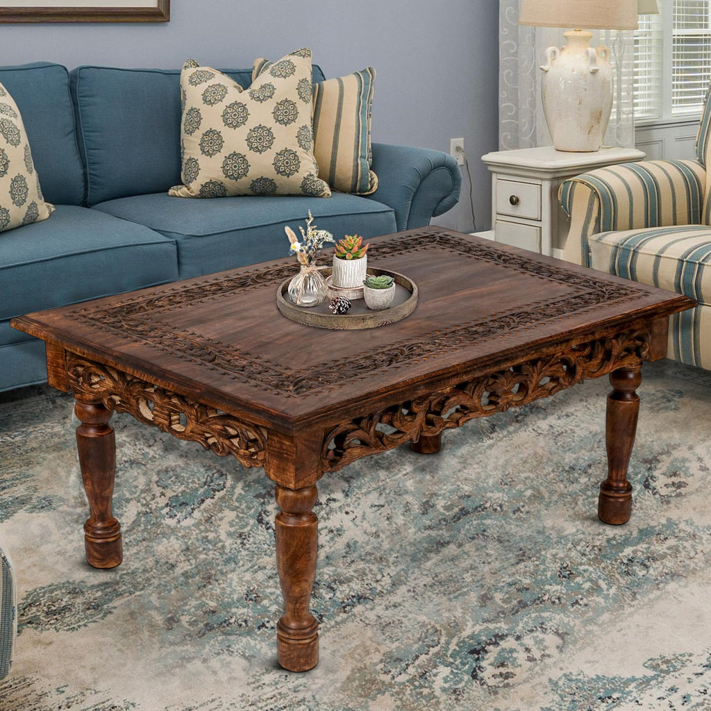 Farmhouse Coffee Table 36x24x18 Jali Carved Wood T679721