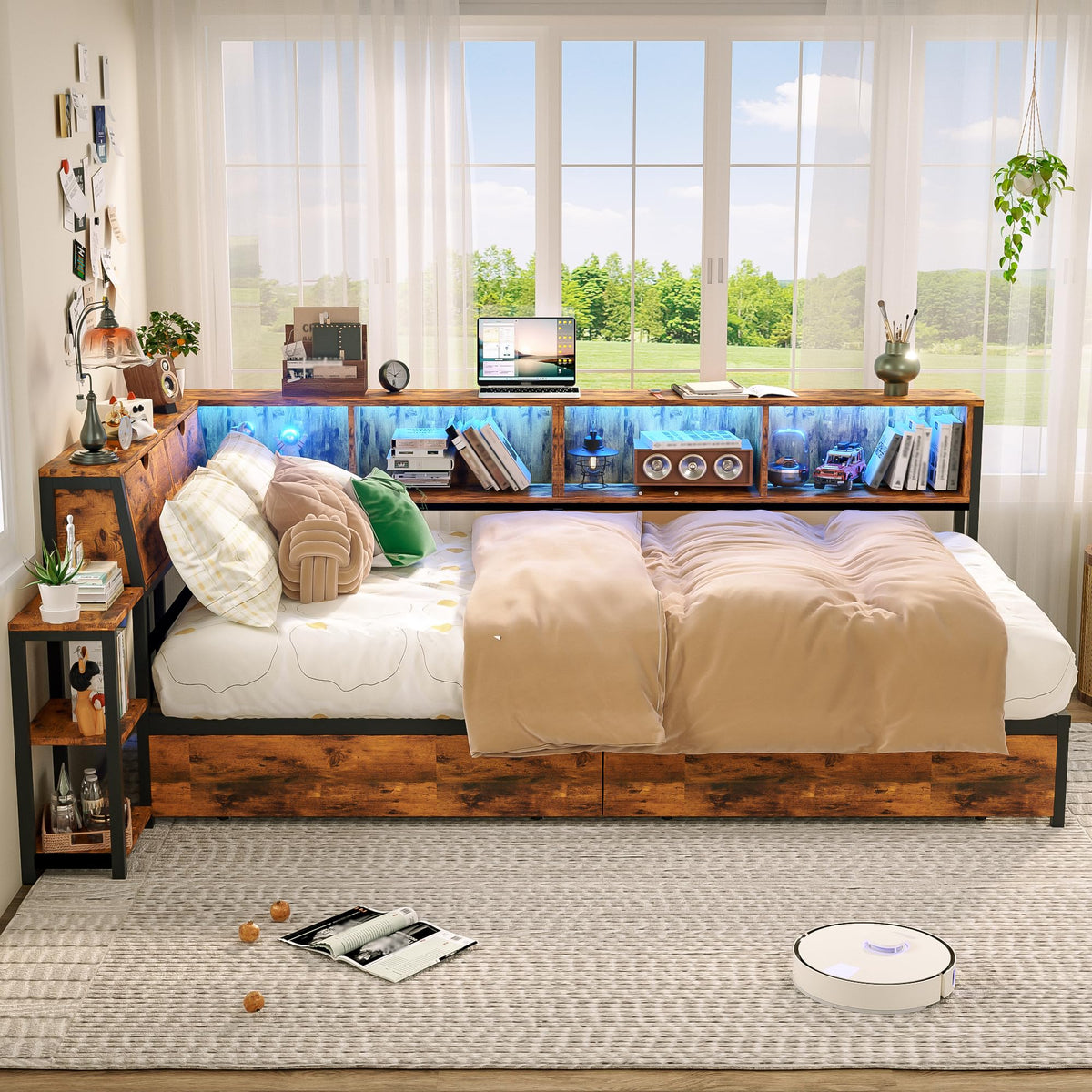 Brown Twin Corner Bed Frame with Storage Bookcase and Bedside Rack U4962