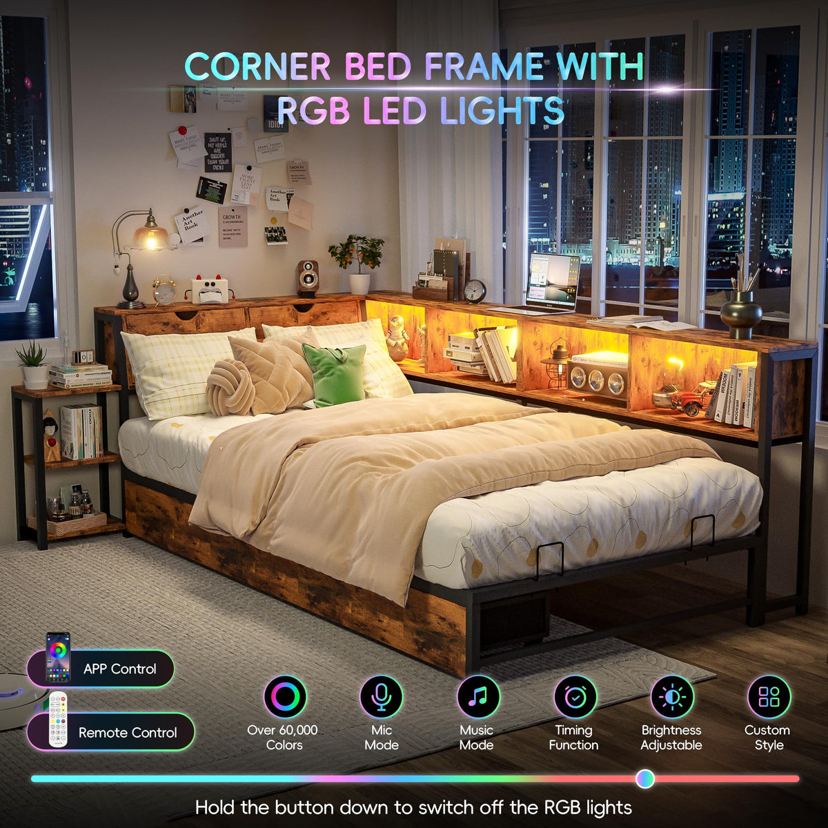 Brown Twin Corner Bed Frame with Storage Bookcase and Bedside Rack U4962
