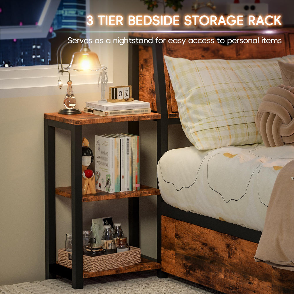 Brown Twin Corner Bed Frame with Storage Bookcase and Bedside Rack U4962