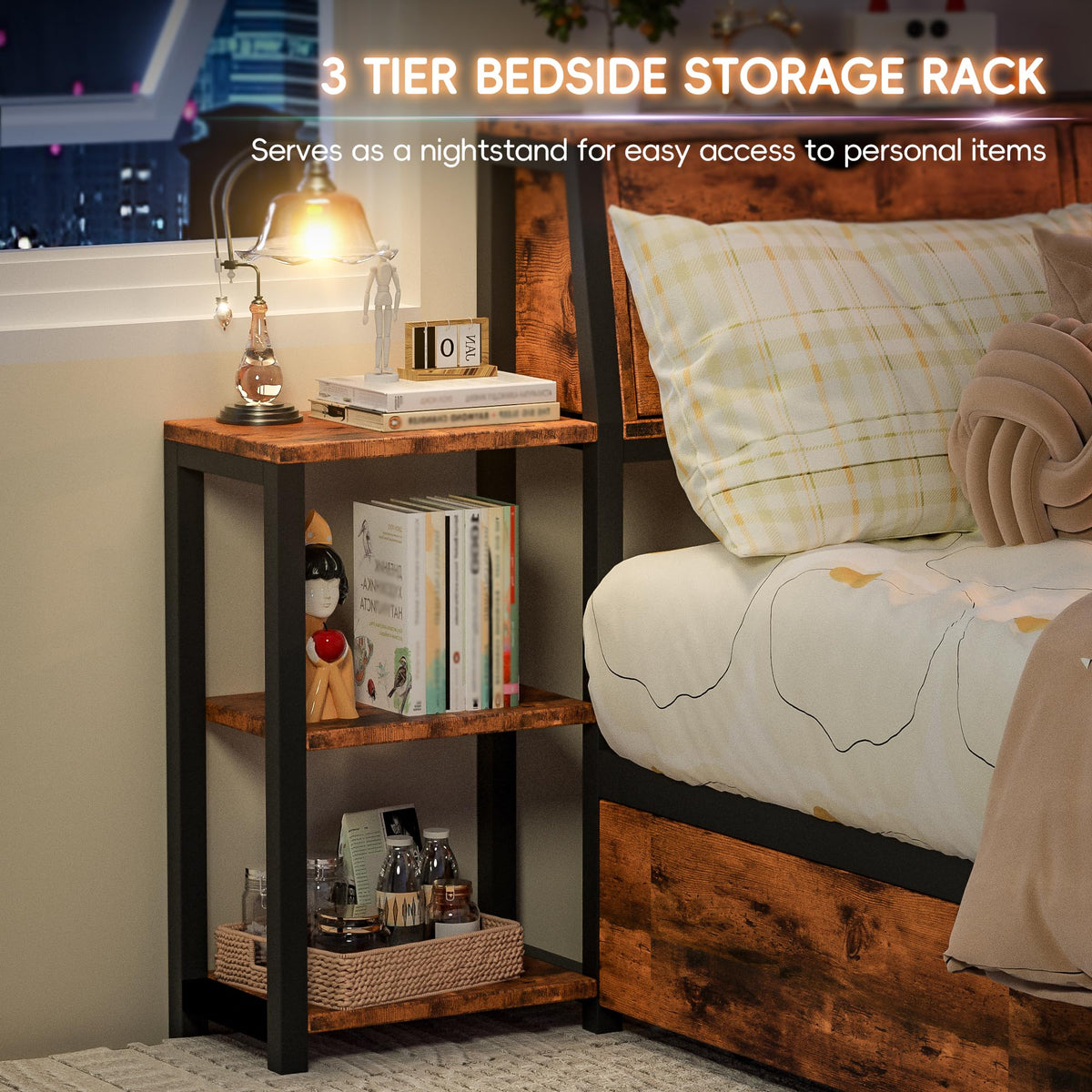 Brown Twin Corner Bed Frame with Storage Bookcase and Bedside Rack U4962