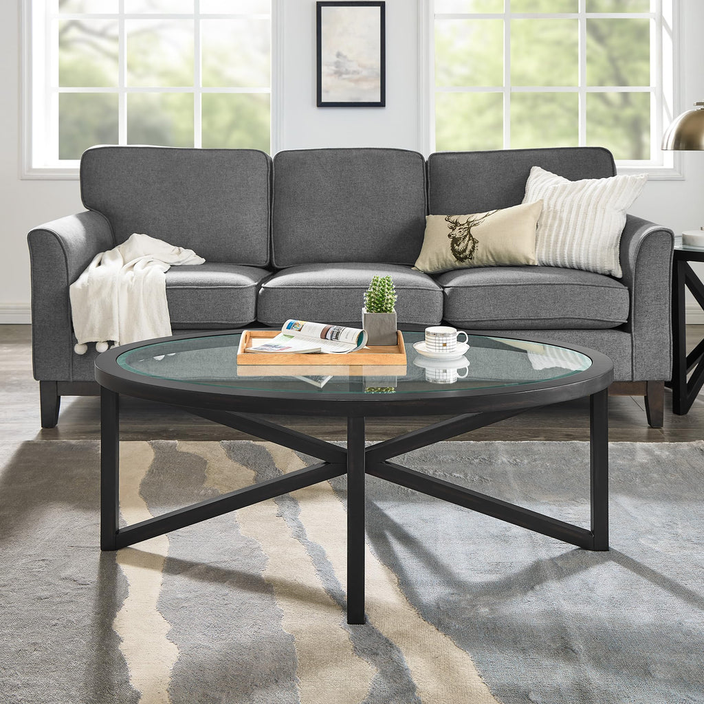 46" Oval Glass Coffee Table with Tempered Glass Top and Wood Base E908
